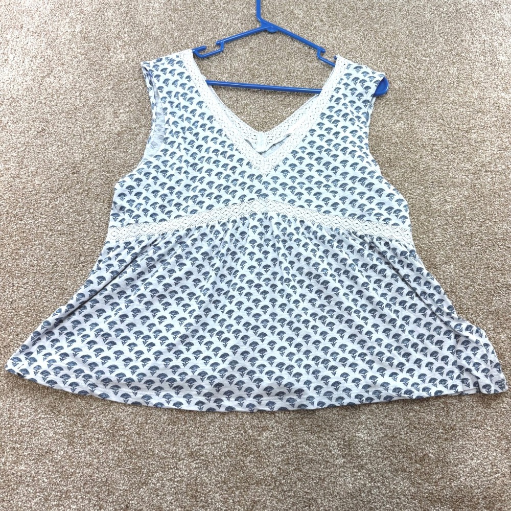 Lucky Brand Womens Large Blue Floral Sleeveless Peplum Lace Top Nautical Boho